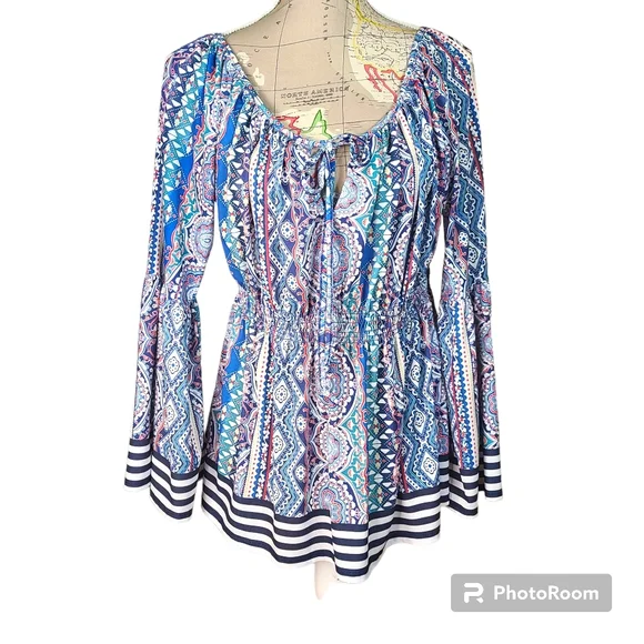 Boston Proper Size Large White Colorful Bell Sleeve Blouse Bohemian Patchwork - Picture 9 of 9